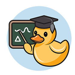 A yellow rubber duck pointing at a chalkboard.